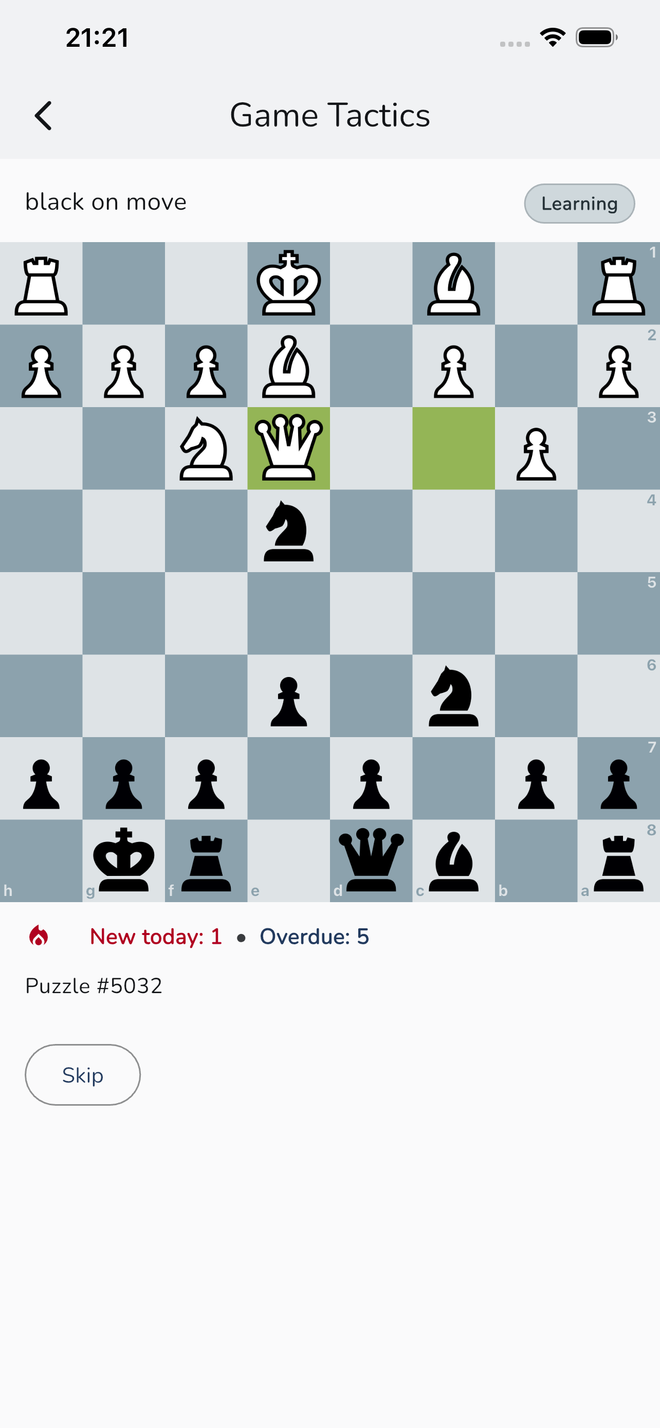 Blunderzone Game Tactics screen showing a chess position from a player's own game
